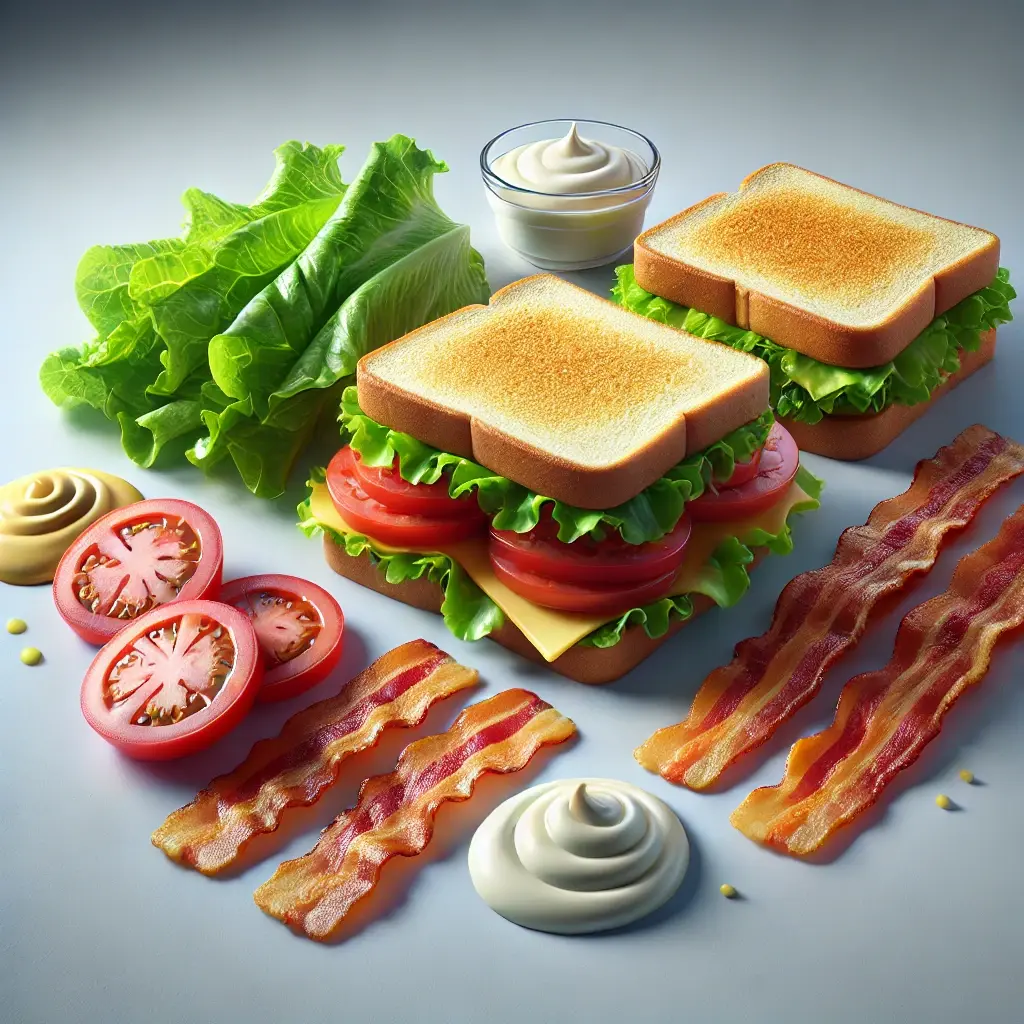 A wide shot showing the ingredients of a typical BLT sandwich, including the popular condiments that are most commonly used, those being mayo and mustard.