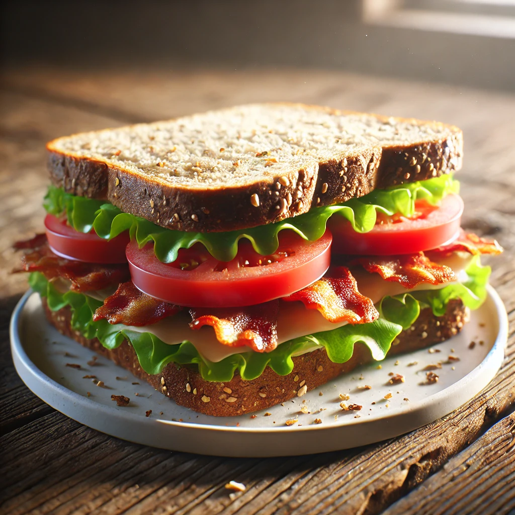 A perfectly formed and well lit sandwich, loaded with fresh lettuce and tomatoes, crispy bacon, and a slice of cheese